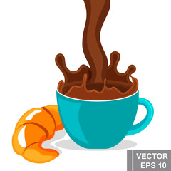 Cup of coffee with a croissant. Cartoony. Simple flat style. For your design.