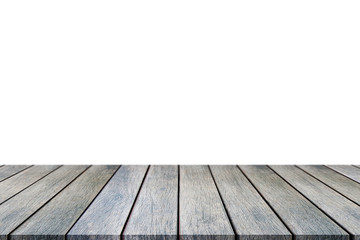 Perspective empty wooden table with white background including clipping path for product display montage or design layout.