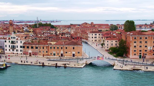 Aerial shot of Castello, Vence, Italy shoreline at sunset, with rio dell'Arsenale