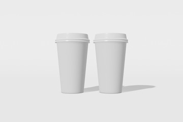 Set of two white paper mockup cup with a lid on a white background. 3D rendering