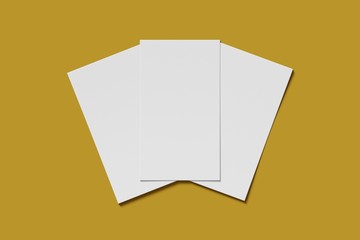 Three Mockup blank business or name card on a yellow background. 3D rendering