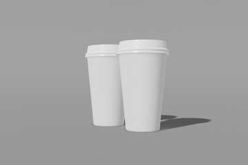 Set of two white paper mockup cup with a lid on a grey background. 3D rendering