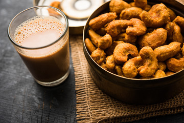 Kaju Pakoda/pakora OR Cashew Nut Fritters or bhajji, is a tasty snack from India, served as Chakna