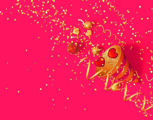 Pink background, golden cone, decorative shiny balls, heart, confetti, tinsel, 3D rendering.
