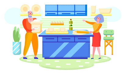 Grandparents Cooking Together at Home Flat Vector