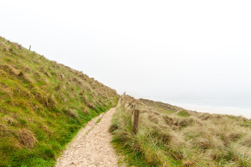 The sea is very faint as the fog comes onto the shore, with grassy hills and footpath over looking the beach.