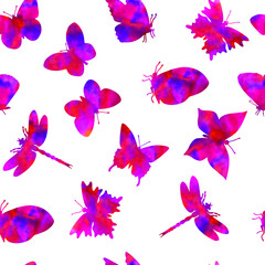 seamless butterfly pattern. , dragonfly. eps10 vector illustration.in purple. hand drawing