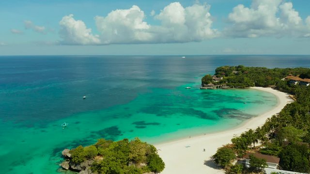 Beautiful Punta Bunga Beach on Boracay island, Philippines.Hotels near the beach in sunny weather. The coast of the island of Boracay for tourists.