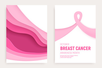 Breast cancer awareness month paper cut banner set. Paper art pink ribbon - October health care symbol. International health campaign for woman. Craft vector illustration