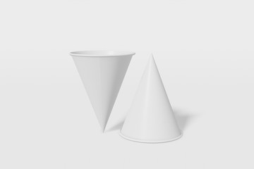 Two paper cups mockup cone shaped on a white background. One of the cups is turned upside down. 3D rendering