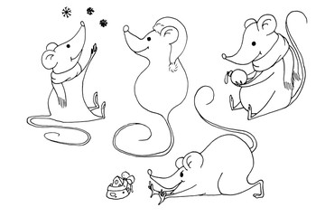Funny Christmas mouse. outline drawing.Vector outline hand drawn illustration. Outline drawing new year set on white background.