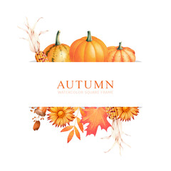 Fall frame with pumpkin, corns, chrysanthemum and autumn leaves. Seasonal watercolor illustration.