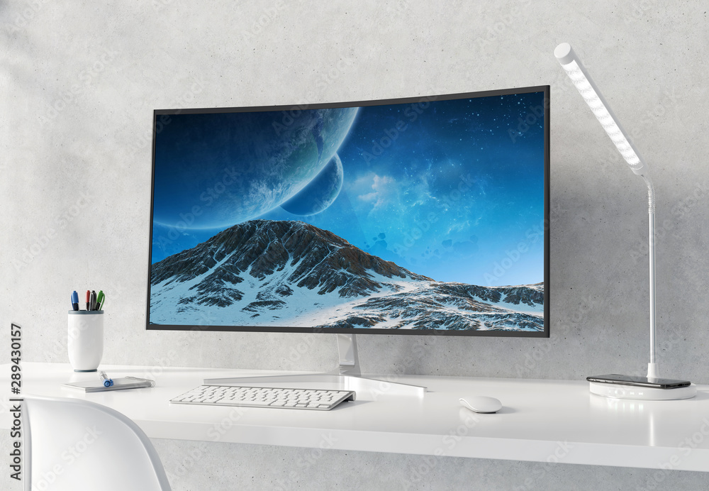 Poster curved monitor on white desktop and concrete interior mockup 3d rendering