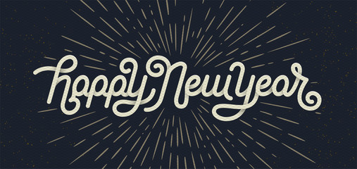 Fototapeta na wymiar Happy New Year Lettering with burst rays. Holiday Vector Illustration. Lettering Composition And Light Rays Or Sunburst