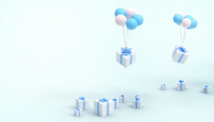 White gift box and blue ribbon balloons in the important festivals and the happy Birthday on blue background - 3d rendering
