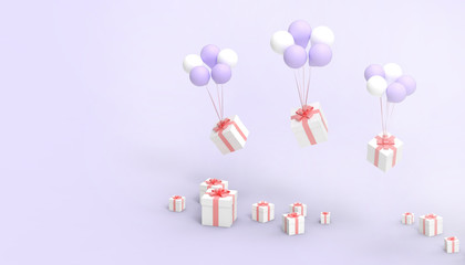 White gift box and Purple ribbon with Purple and White balloons in the important festivals and the happy Birthday on the Purple background  - 3d rendering