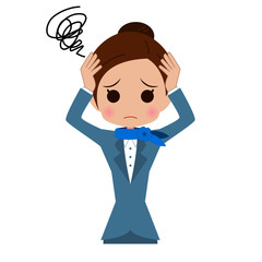 頭を抱える客室乗務員