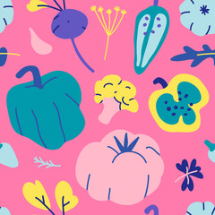 hand drawn bright neon color vegetable vector illustrations made as seamless tile pattern. Endless background with pepper veggies, repeat ornament for kitchen textile print or wrapping paper.