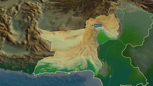 Baluchistan - province of Pakistan with its capital zoomed on the physical map of the globe. Animation 3D