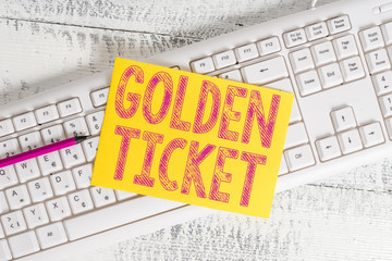 Text sign showing Golden Ticket. Business photo showcasing Rain Check Access VIP Passport Box Office Seat Event White keyboard office supplies empty rectangle shaped paper reminder wood