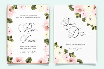 Luxury Wedding Invitation set,  invite thank you, rsvp modern card Design in Golden and pink rose with leaf greenery branches  decorative Vector elegant rustic template