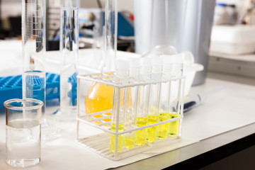 flasks, test tubes in chemical laboratory