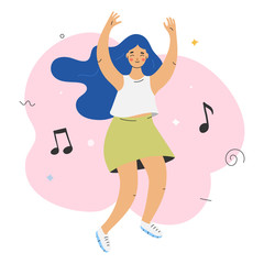 Young cute happy dancing girl character, female dancer to music isolated . Smiling young woman enjoying dance party. Vector illustration in modern trendy flat cartoon style.