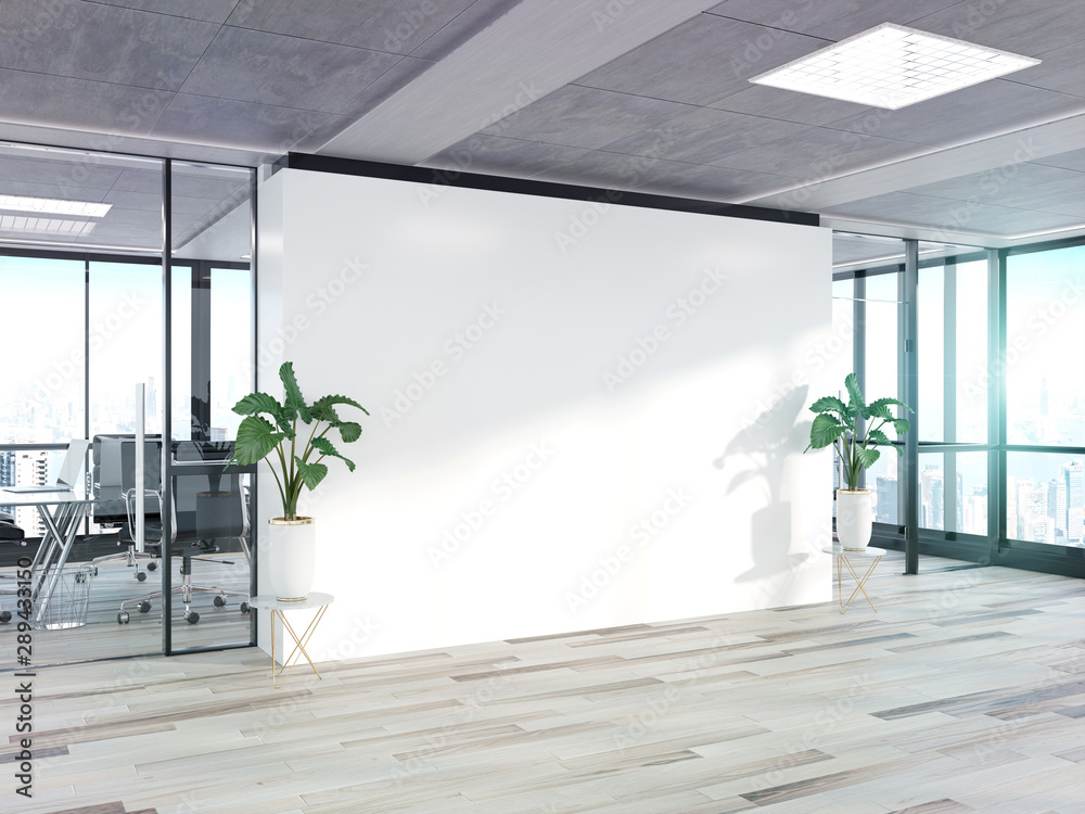 Poster blank wall in bright concrete office with large windows mockup 3d rendering