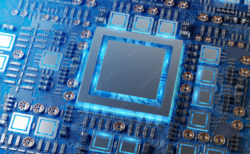 Fototapete Close-up view of a modern GPU card with circuit 3D rendering