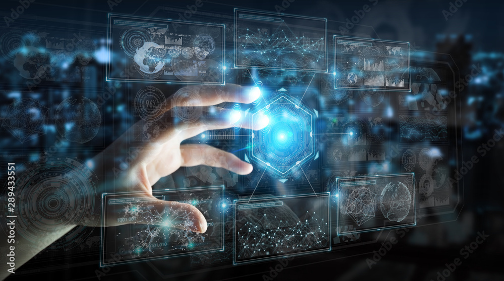 Poster Businessman using digital technological interface with datas 3D rendering