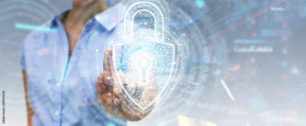 Poster Womanusing digital padlock security interface to protect datas 3D rendering