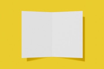 Mockup vertical booklet, brochure, invitation isolated on a yellow background with hard cover and realistic shadow. 3D rendering.