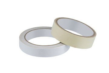 office stationary Roll of Glue tape, masking tape and Double-sided adhesive isolated on white background