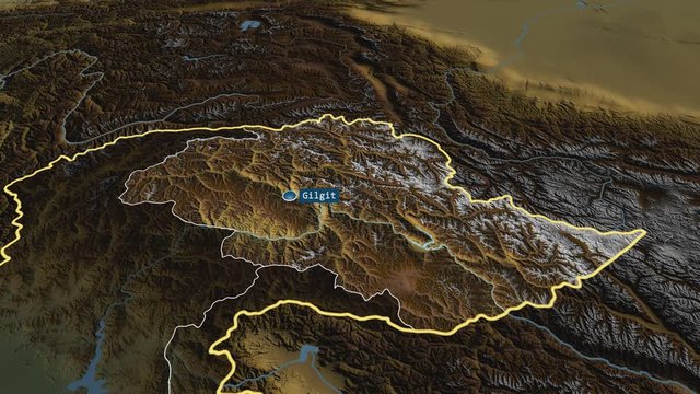 Northern Areas - centrally administered area of Pakistan with its capital zoomed on the physical map of the globe. Animation 3D