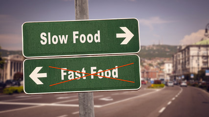 Street Sign Slow versus Fast Food
