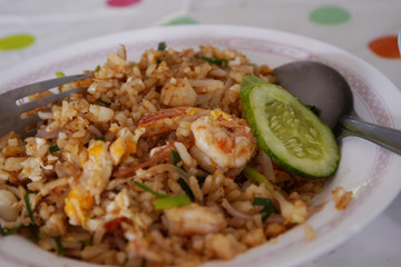 Fried rice is the only dish in Asia. Fried rice with Tomato sauce, chilli sauce, black soy sauce, soy sauce And add meat such as pork, chicken, squid, crab and shrimp.