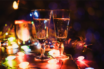 The glasses of champagne. Sparklers. Christmas