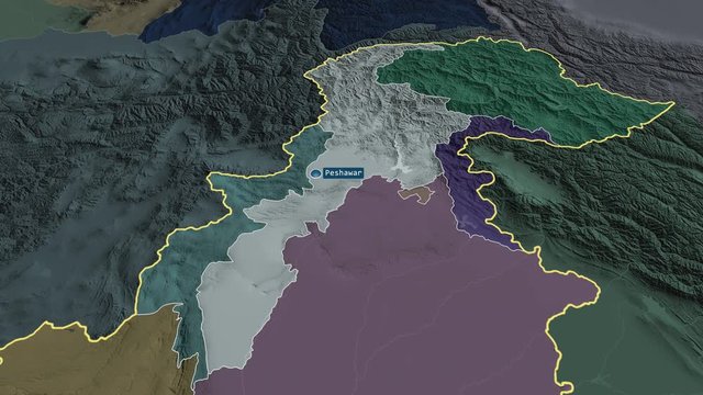 N.W.F.P. - province of Pakistan with its capital zoomed on the administrative map of the globe. Animation 3D