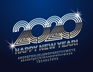 Vector bright Happy New Year 2020 Greeting Card with rotated Alphabet Letters and Numbers. Stylish Silver Font.