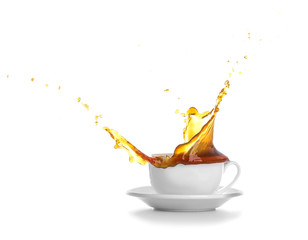 Cup of coffee with splash on white background