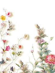 Fototapety  akwarela liści i kwiatów, na białym tle