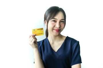 Portrait Asia smiling woman with credit card in hand,happy to have money concept.