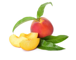 Ripe peaches on white background