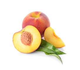 Ripe peaches on white background