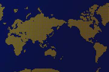 World map composed of three-dimensional dots. 立体的なドットで構成された世界地図