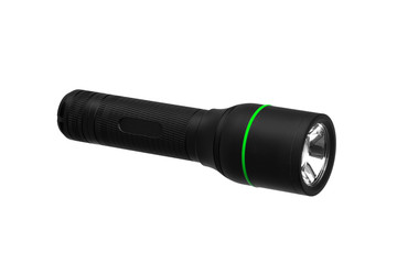 modern black metal flashlight isolated on white