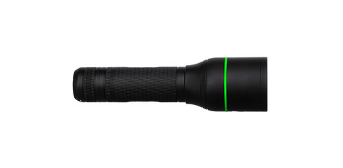 modern black metal flashlight isolated on white