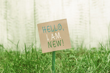 Writing note showing Hello I Am New. Business concept for introducing oneself in a group as fresh worker or student Plain paper attached to stick and placed in the grassy land