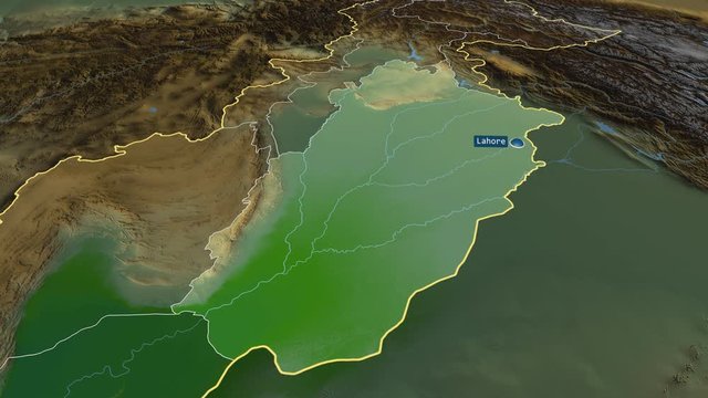 Punjab - province of Pakistan with its capital zoomed on the physical map of the globe. Animation 3D