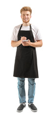 Handsome waiter with notebook on white background